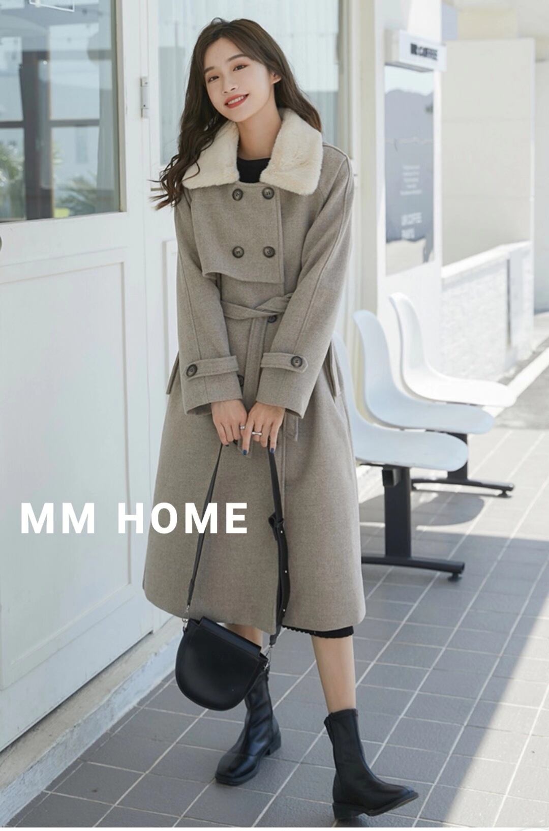 ウールブレンド ファー付き ロングコート AJ42441-6665