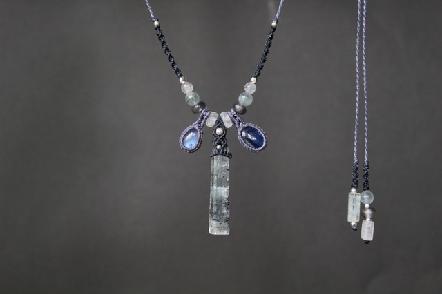 Aqua marine & Rainbow moonstone & Kyanite micro macrame necklace