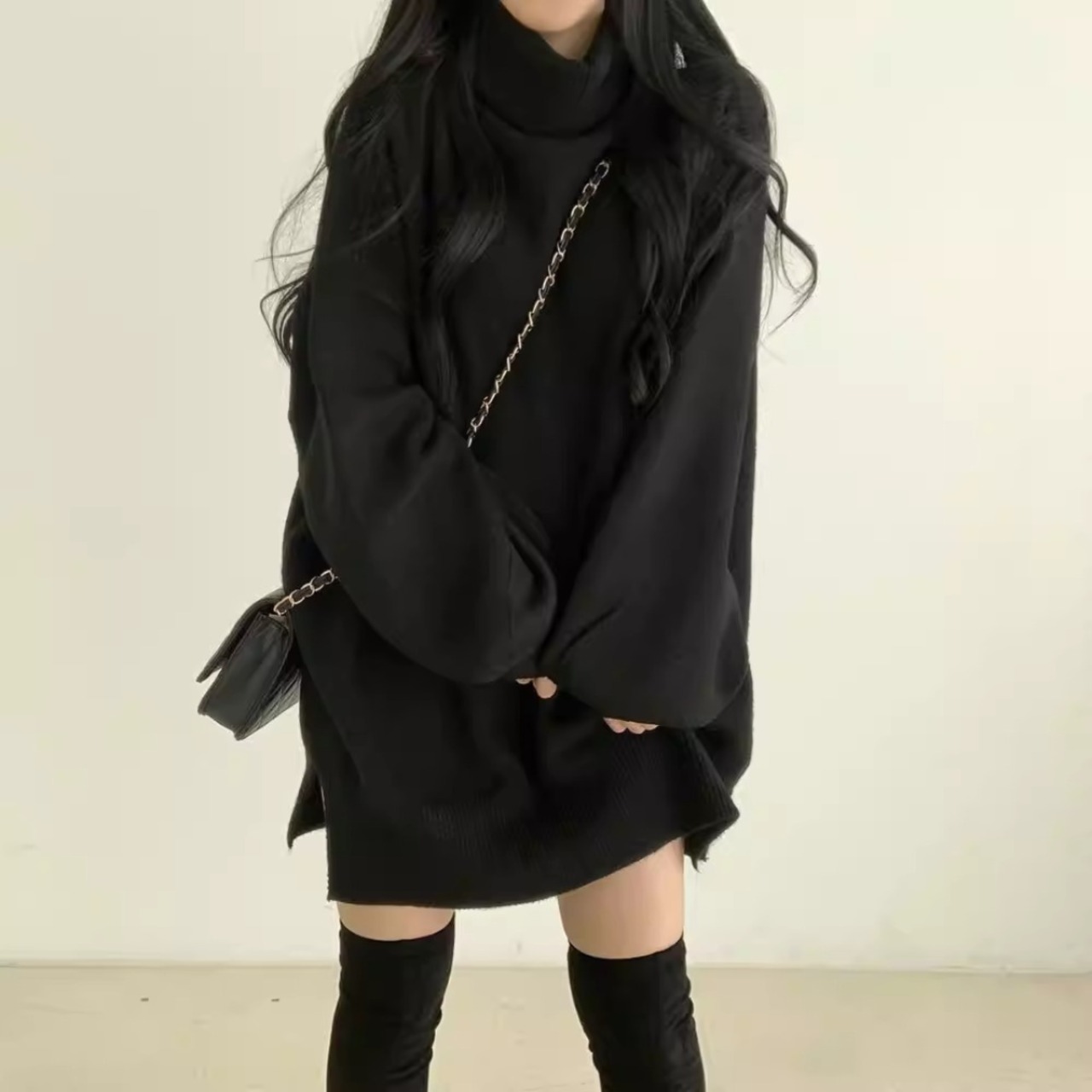Lazy Soft Black Turtleneck Knit Sweater (ME249)