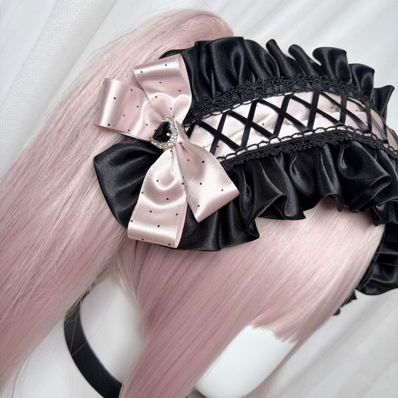 ♡【Sayakadoll Original】一点のみ サテンレース ドット柄 編み上げリボン＆クリスタルハート 2wayヘッドドレス black×pink ♡