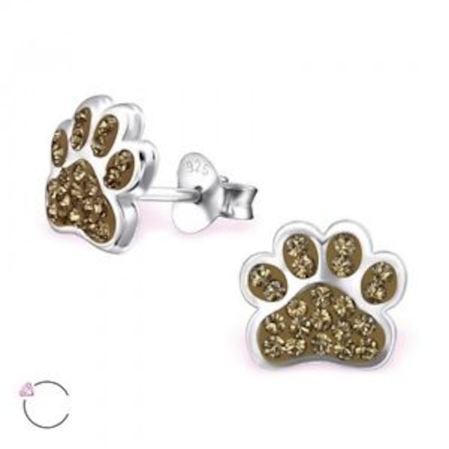 【送料無料】スターリングシルバークリスタルスタッドイヤリングブラウンsterling silver 925 dog  cat paw sparkly crystal stud earrings  brown
