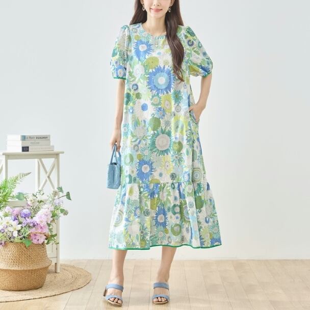 TRUBE ロングワンピース パフスリーブ ビッグサークルフラワー 総柄 コットン ティアード N83-359 グリーン M L fmsd ゆったり 体型カバー きれいめ 半袖 上品 ミセス 春夏 リゾート