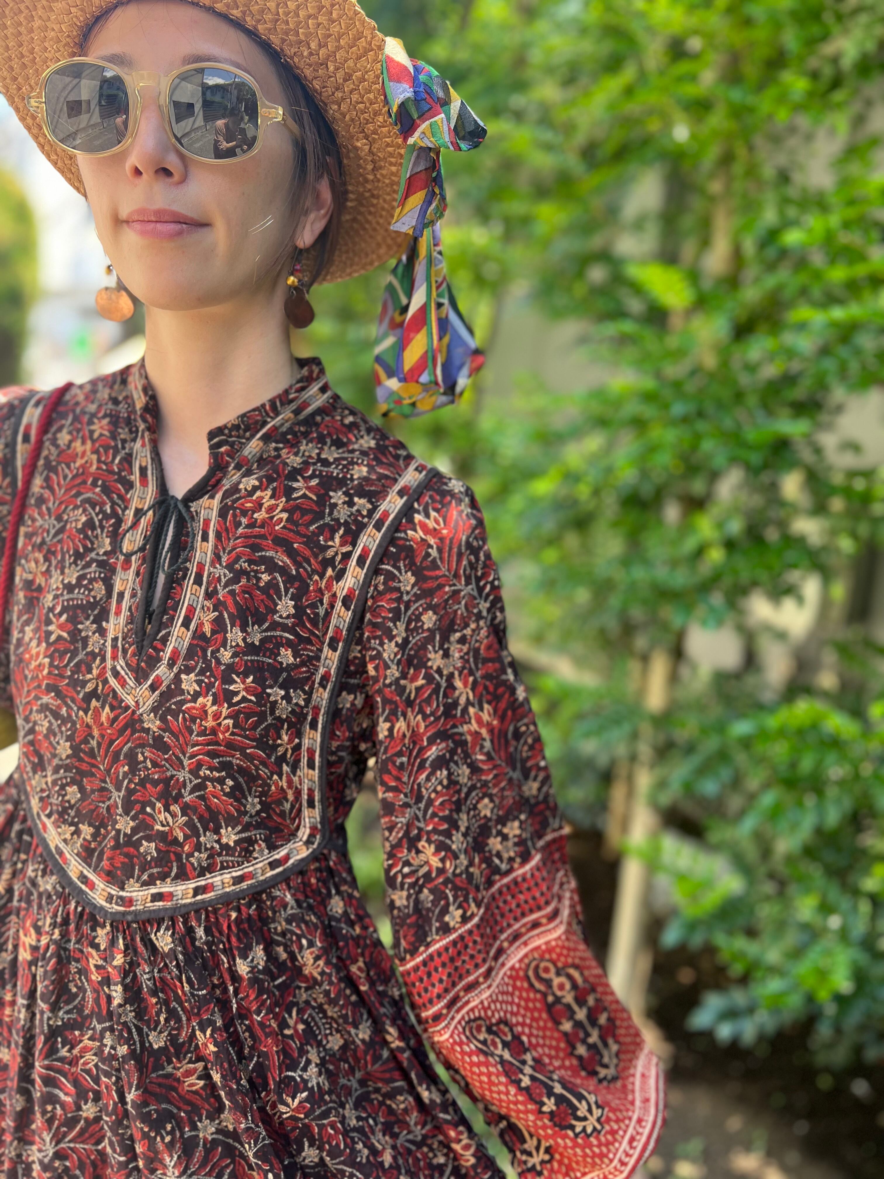 70s indian cotton brown dress ( ヴィンテージ インドコットン 