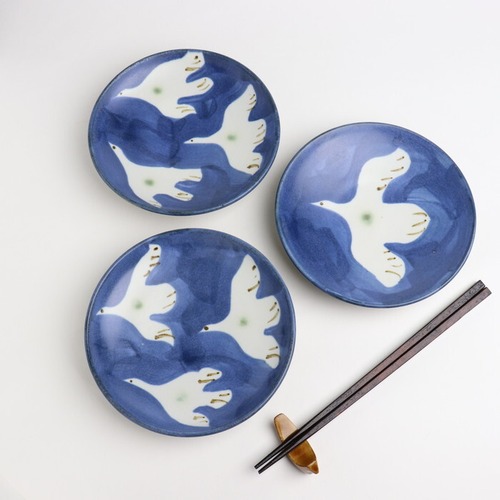 やちむん 拓美窯 5寸皿 鳥 青 Yachimun Plate 15cm Bird Blue  #161