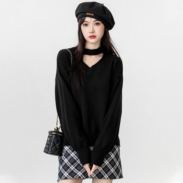 トップス ニットセーター 無地 ゆったり 長袖 ブラック S M L