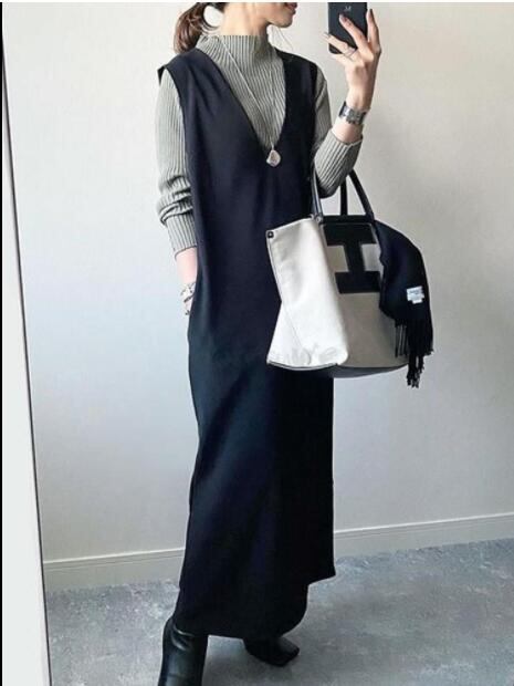 ワンピース ベストワンピ ノースリーブ Vネック ロング丈ワンピ OL 通勤 スタイリッシュ