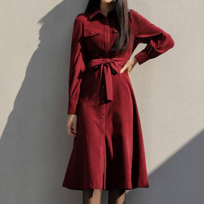ベルト付き シャツワンピース ミディ丈 長袖 レディース きれいめ 上品
