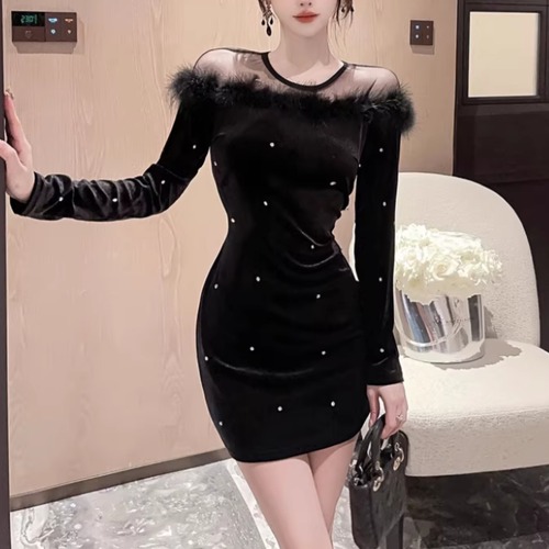 シアーコンビファーネックラインストーンワンピ ・12832