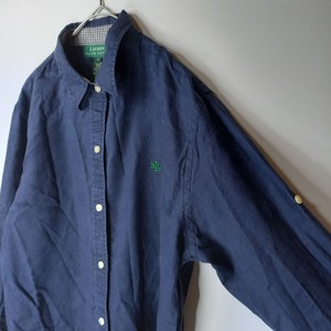 ローレンラルフローレン　リネンシャツ　刺繍ロゴ　ネイビー　L