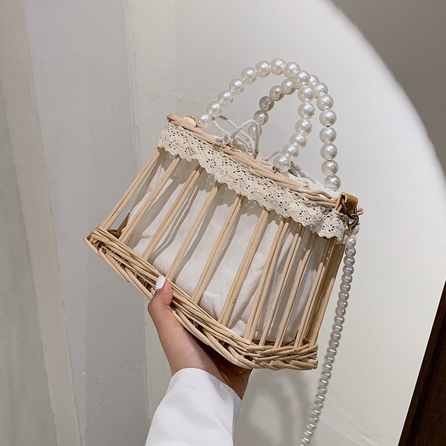 サマーパールチェーン レッド 夏物 ストローバッグ 真珠 ハンドバッグ メッセンジャーバッグ 手作りハンドバック384612081