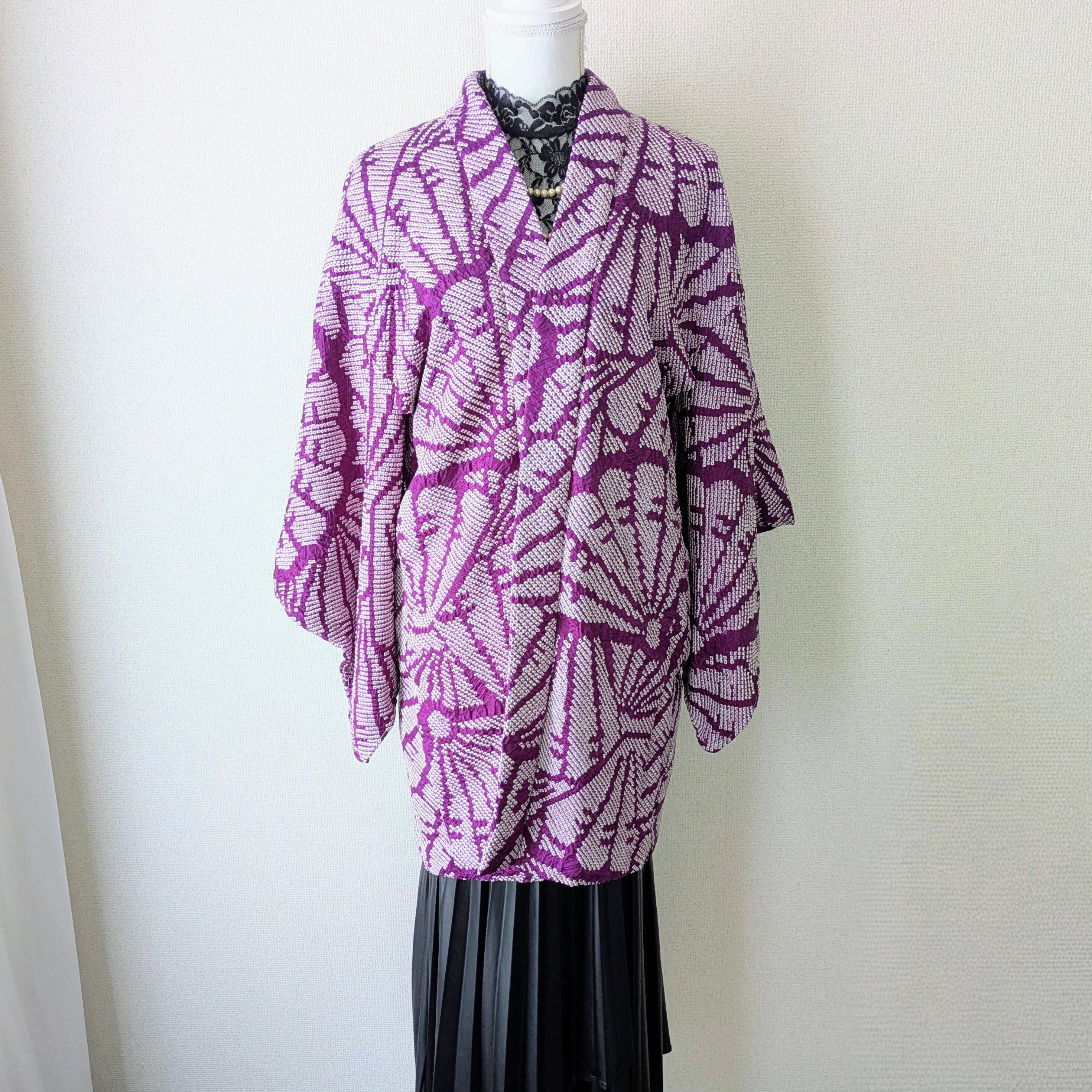Vintage】HAORI 長羽織 羽織 正絹 総絞り 紫 扇柄 大正浪漫 古布 時代