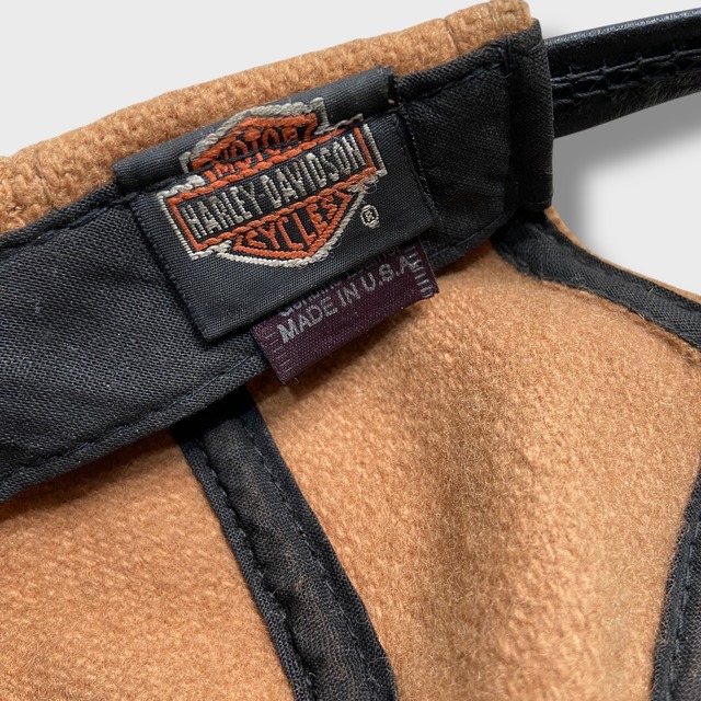 90s USA製 ハーレーダビッドソン ウールキャップ レザー ツートーン 茶系