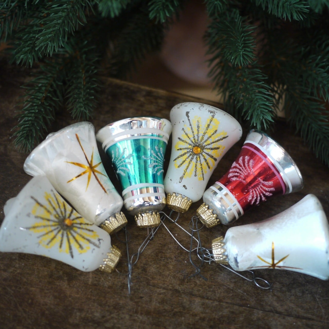 クリスマスベル6個 ガラスオーナメント スターバースト 西ドイツ