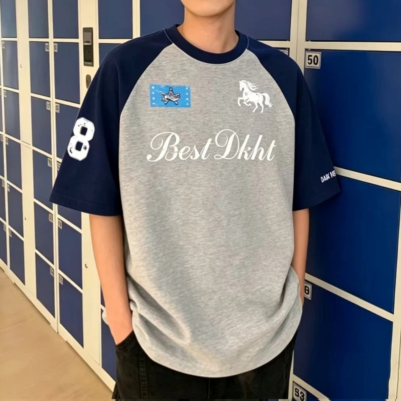 クラシックカレッジロゴバイカラーラグランTシャツ 2col   A00138