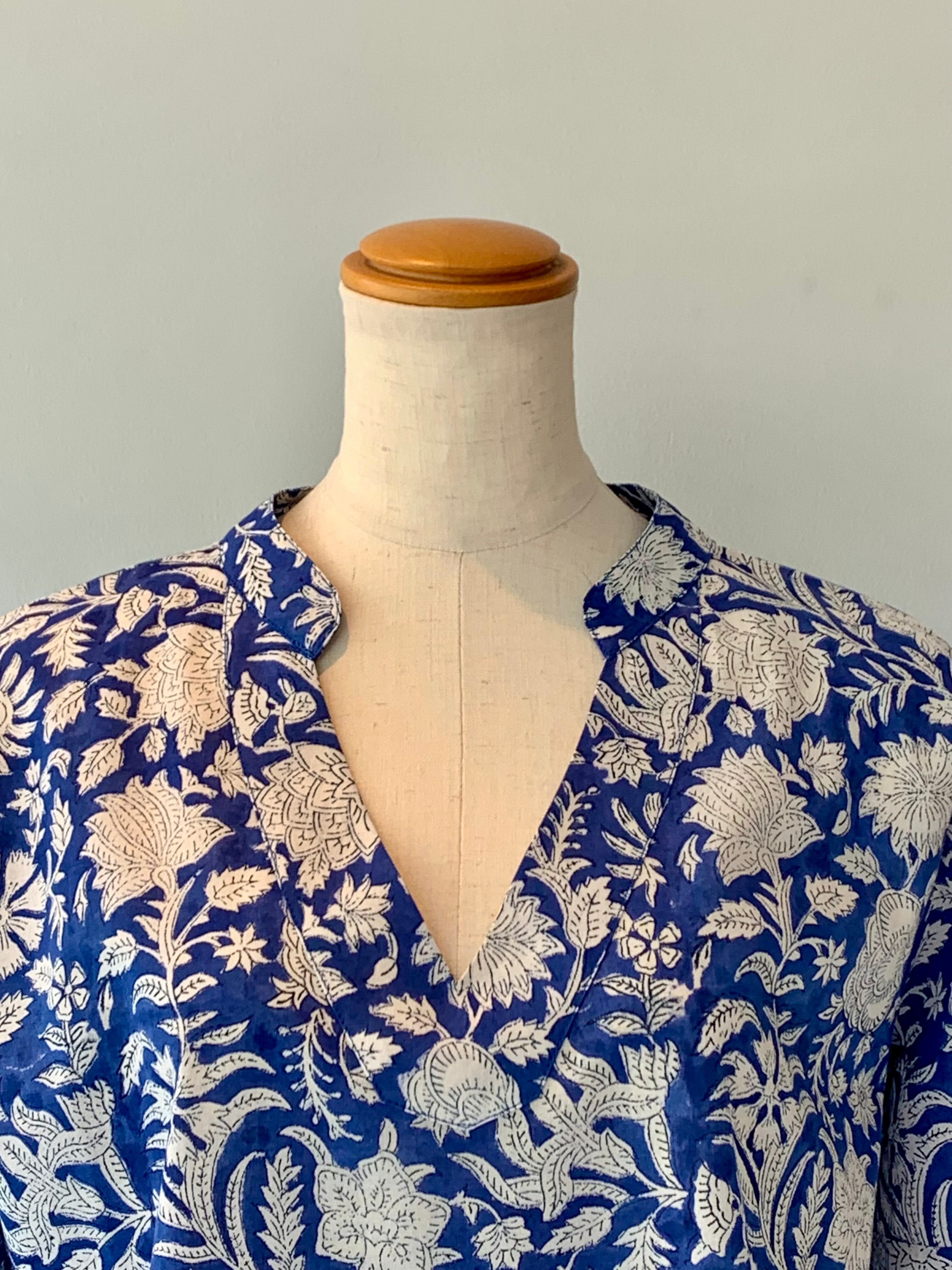 【M完売】ブラウス ブルー 涼しい 高級インド綿 春夏ファッション ブロックプリント