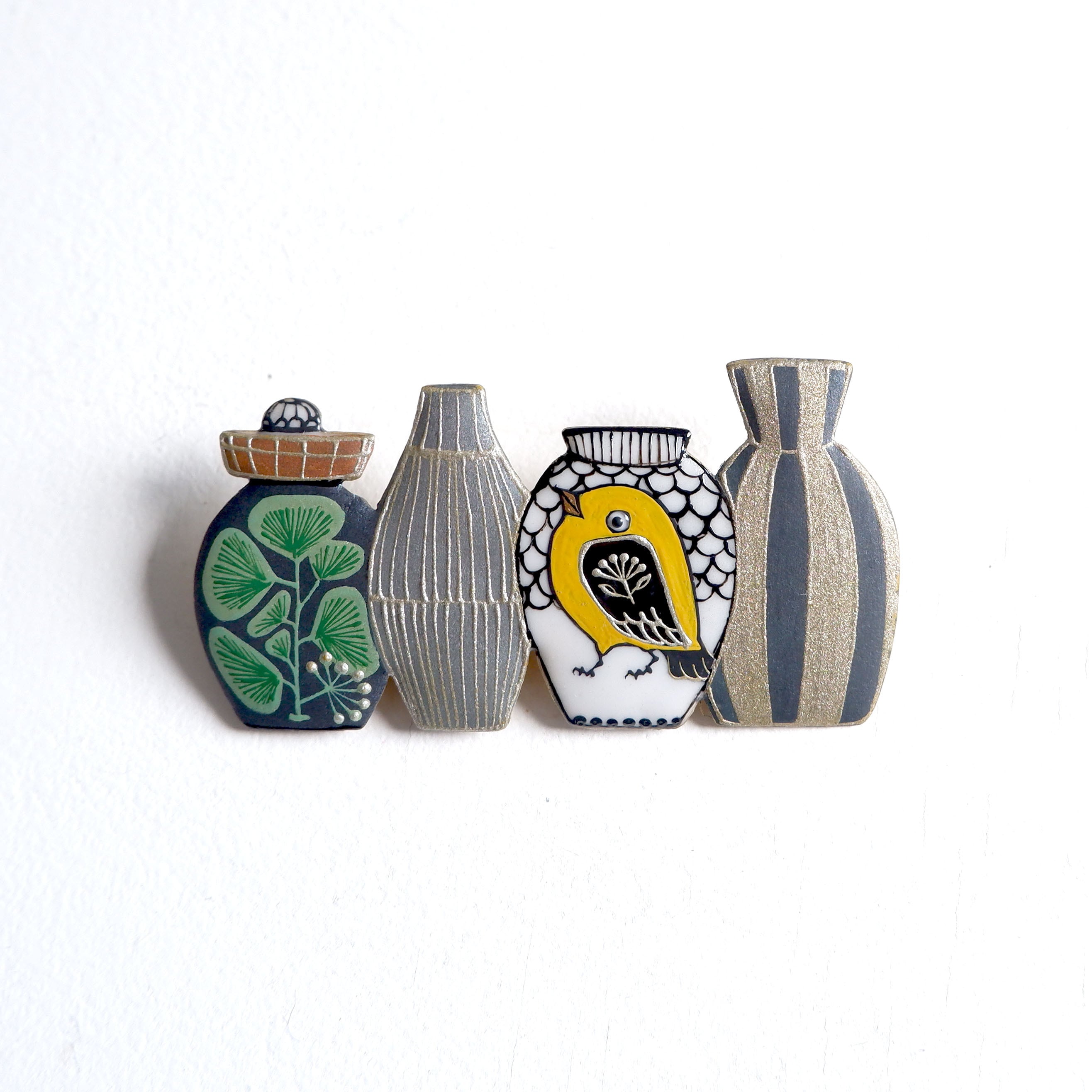 網なおき「4つの壺に小鳥 ブローチ」 | Azur rose Galerie