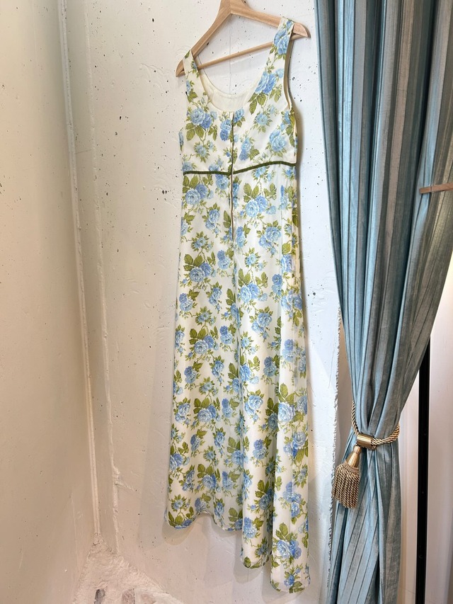 60's70's velvet ribbon×blue rose long dress