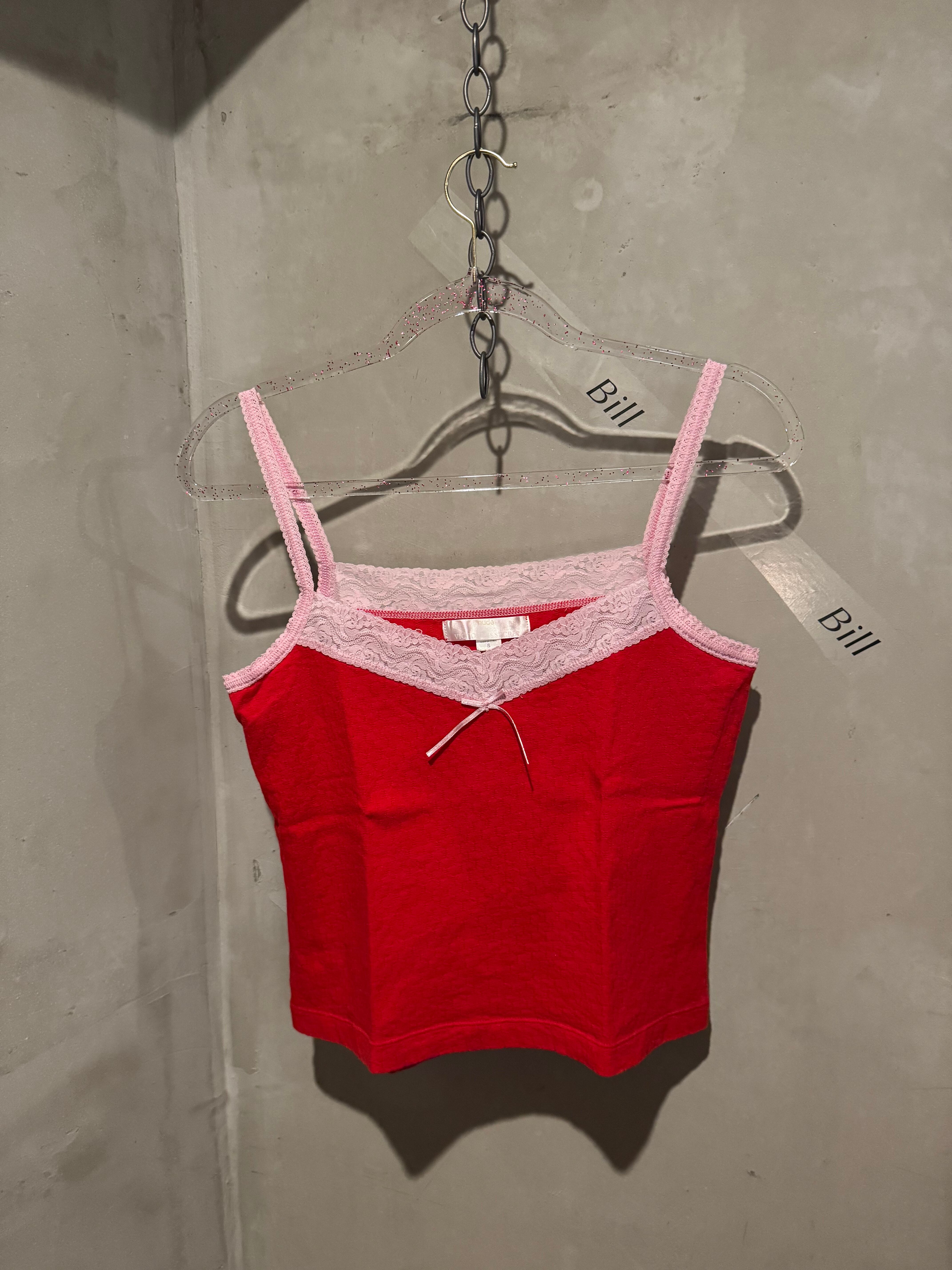 cotton100% pink lace ribbon red cami