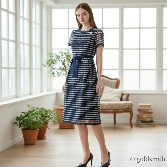 【10%OFFクーポンご利用可】スーパービューティー 半袖ワンピース ボーダー レース切替 上品 きれいめ 2616017 大人上品 きれいめ ミセス ネイビー 2026年春夏 オーラボー Super Beauty レディース