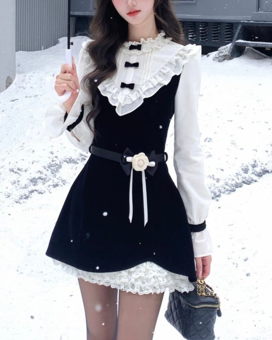 カメリアリボンベルトベルベットワンピース 25W08353