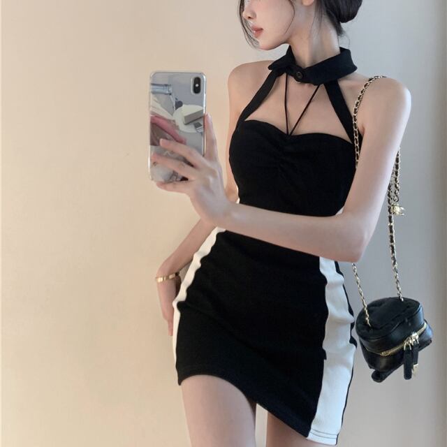【予約販売】ワンピース レディース ホルターネック タイト 美ライン バイカラー ライン 肌見せ ミニワンピース 細見え ブラック 黒 お呼ばれ 結婚式 ドレス きれいめ ワンピ 大人可愛い エレガント おしゃれ こなれ感 韓国 S/M