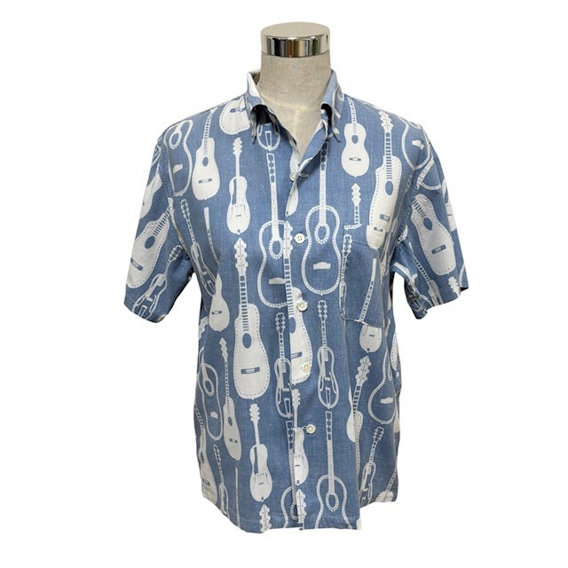 古着 ビームスボーイ BEAMS BOY ボタンダウン アロハシャツ クリーニング済み ギター柄 ブルー レディース M～Lサイズ