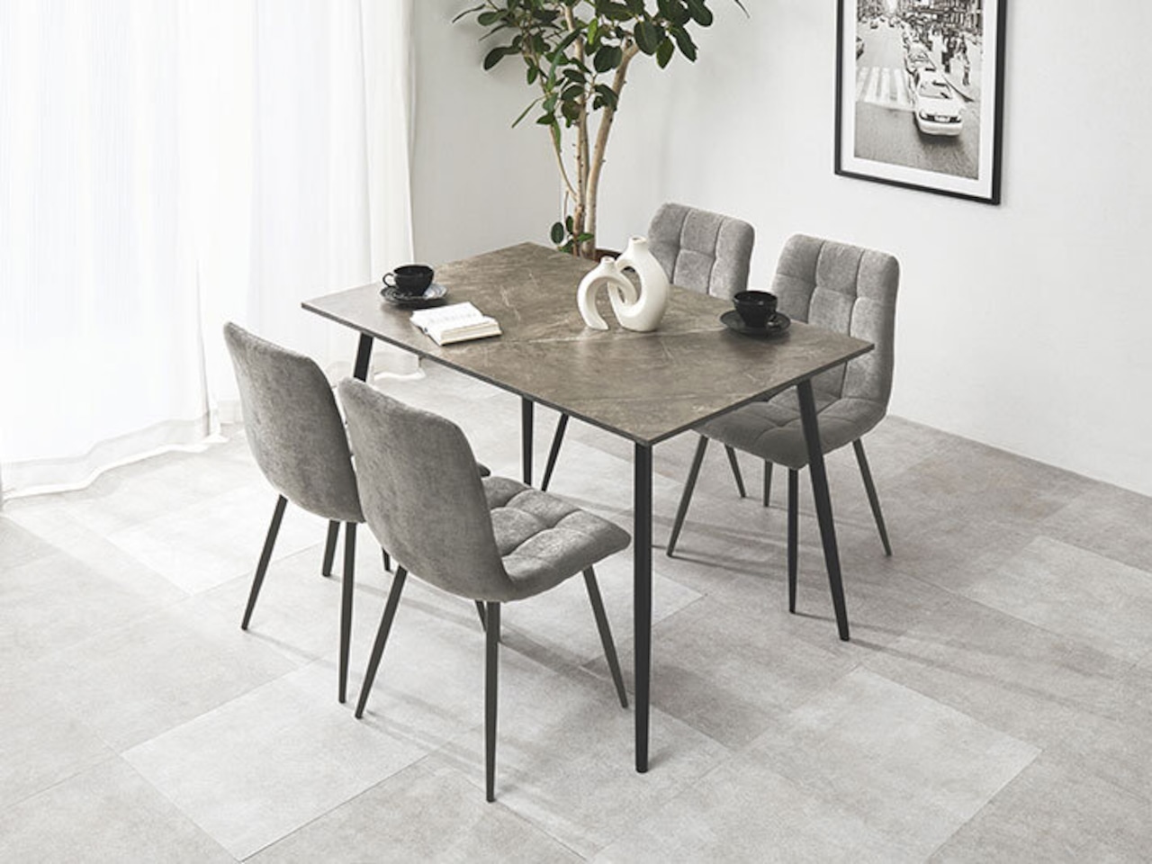 120×75cmカフェテーブル5点セット 大理石調 【チェア:グレー】・画像2