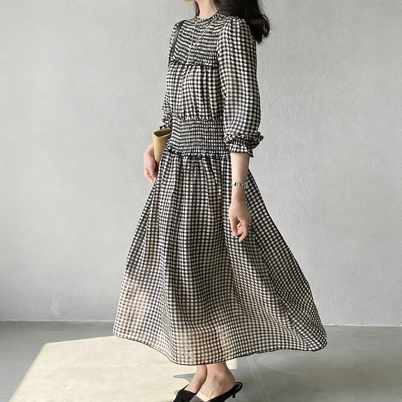 【dress】チェック柄ロングワンピース Q8249