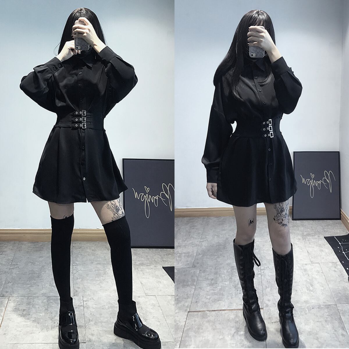 ワンピース レディース 黒 シャツワンピース ブラック ゆったり 大きいサイズ ベルト付き ｖ系 パンク ロック ヴィジュアル系 ゴスロリ Lady Oliver