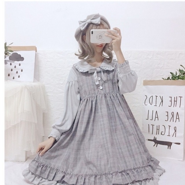 グレンチェック ワンピース ワンピース ロリータ ロリィタ グレンチェック チェック柄 ゴスロリ ゆめかわいい 可愛い フリル 長袖 Basecamp49