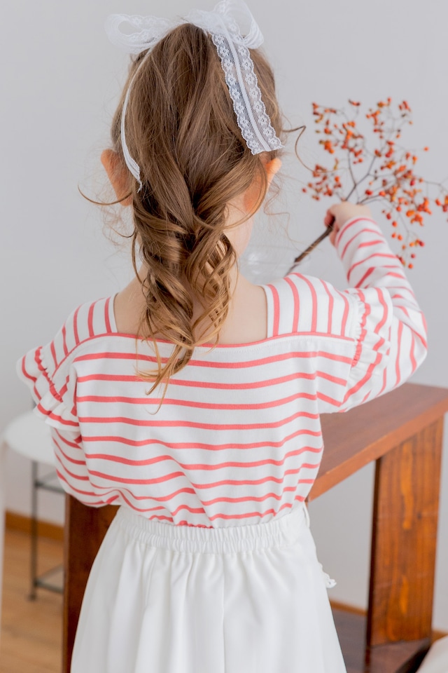 ショルダーフリルボーダートップス〈Red〉