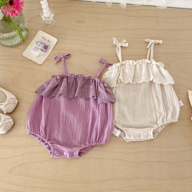 【BABY】肩リボン甘めレースフリルキャミソールロンパース - 4