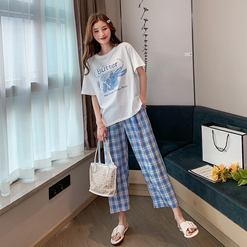 【新作】【送料無料】 マタニティウェア2020夏新作漫画半袖Tシャツ+格子9点ベリーリフトワイドレッグパンツマタニティスーツ-アリババ サマー 夏物 expec249558432958