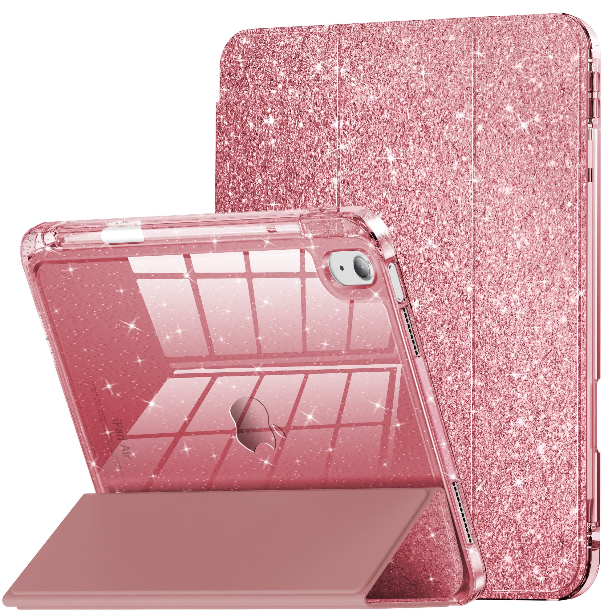 INFILAND 対応iPad Air 11 インチ ケース M2(2024)/M3(2025, iPad Air 第 7 世代/第 6 世代/第 5 世代/第 4 世代 ケース(2022/2020)10.9 インチ、裏面がクリアなグリッターケース、子供や女子向けのペンキャリア付き (ローズゴールド)