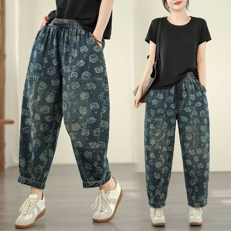 FLOWER PRINT DRAWSTRING WAIST CROPPED DENIM PANTS 1color M-15821