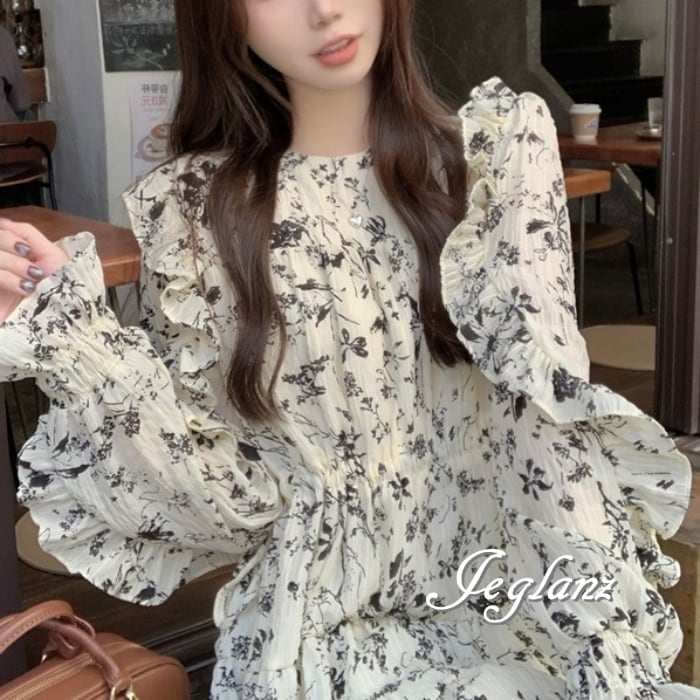 ワンピース ドレス 花柄 フリル袖 シャーリング ひざ上 甘盛り 2色( M5964)γα