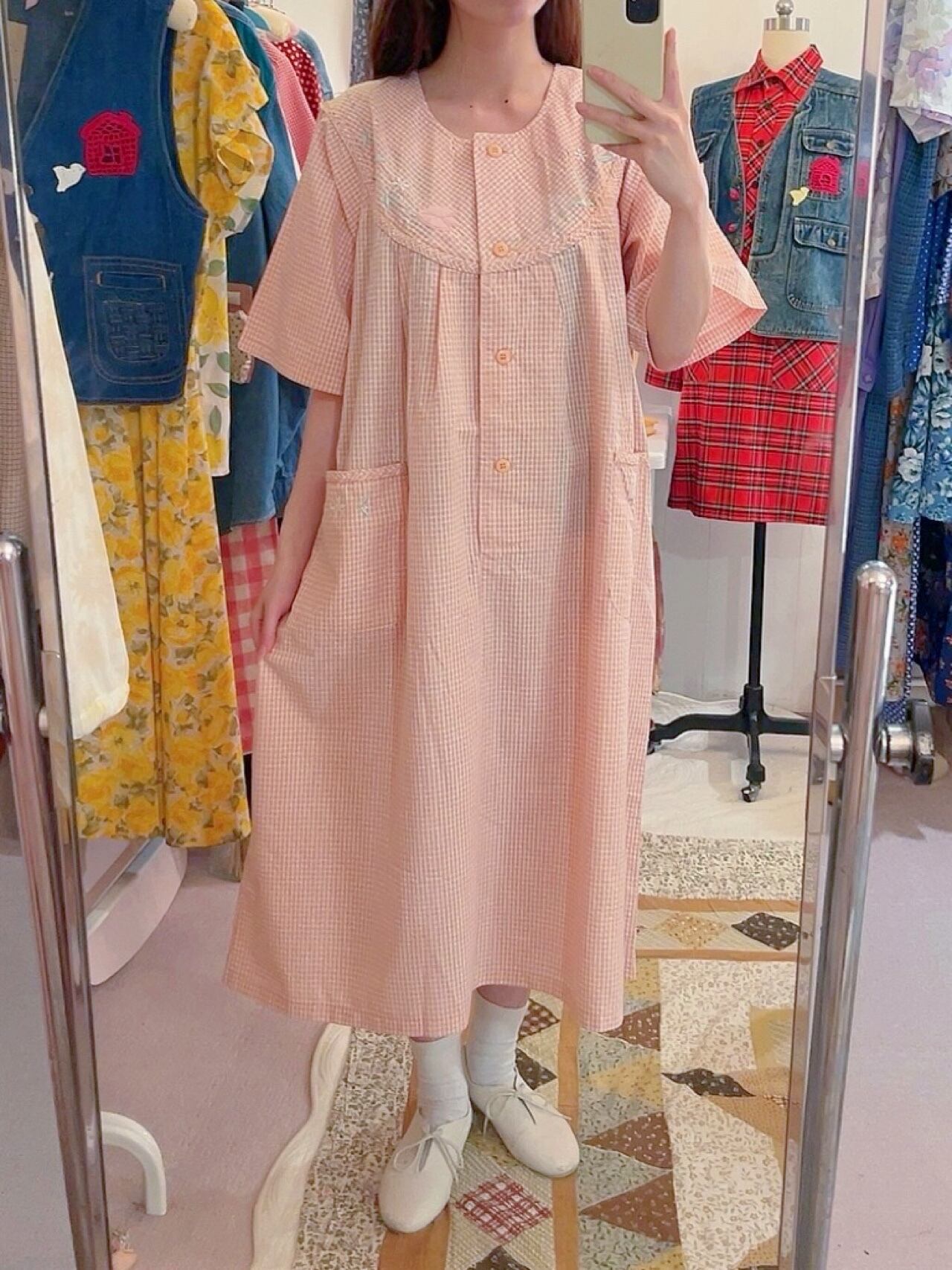 orange gingham check flower one-piece