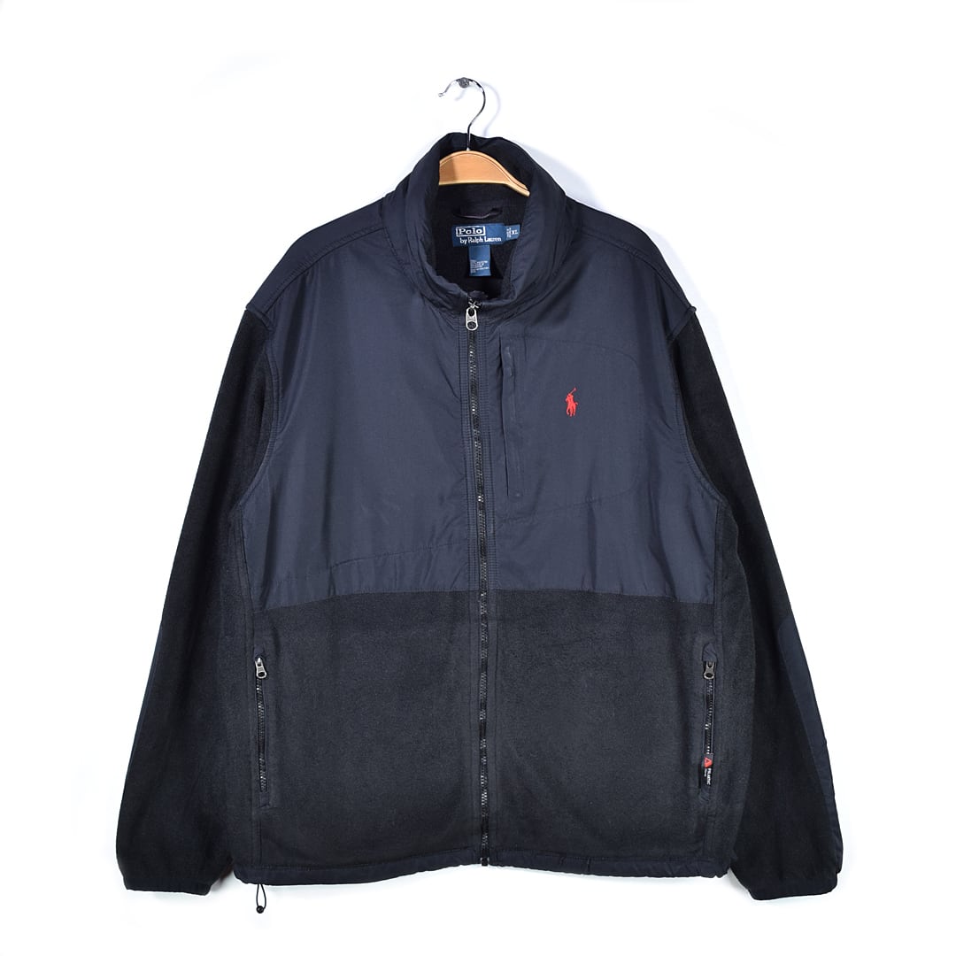 ポロ ラルフローレン フリースジャケット ワンポイントロゴ ブラック フード収納 ポーラテック POLO RALPH LAUREN メンズXL 古着 @DZ0620