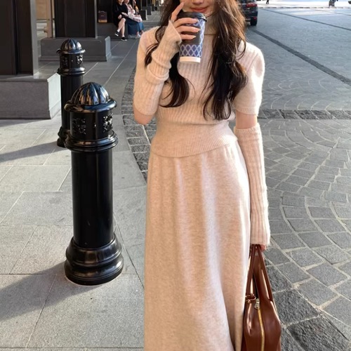 【2点セット】ショートスリーブハイネックニットトップス＋マキシニットスカート ・74328