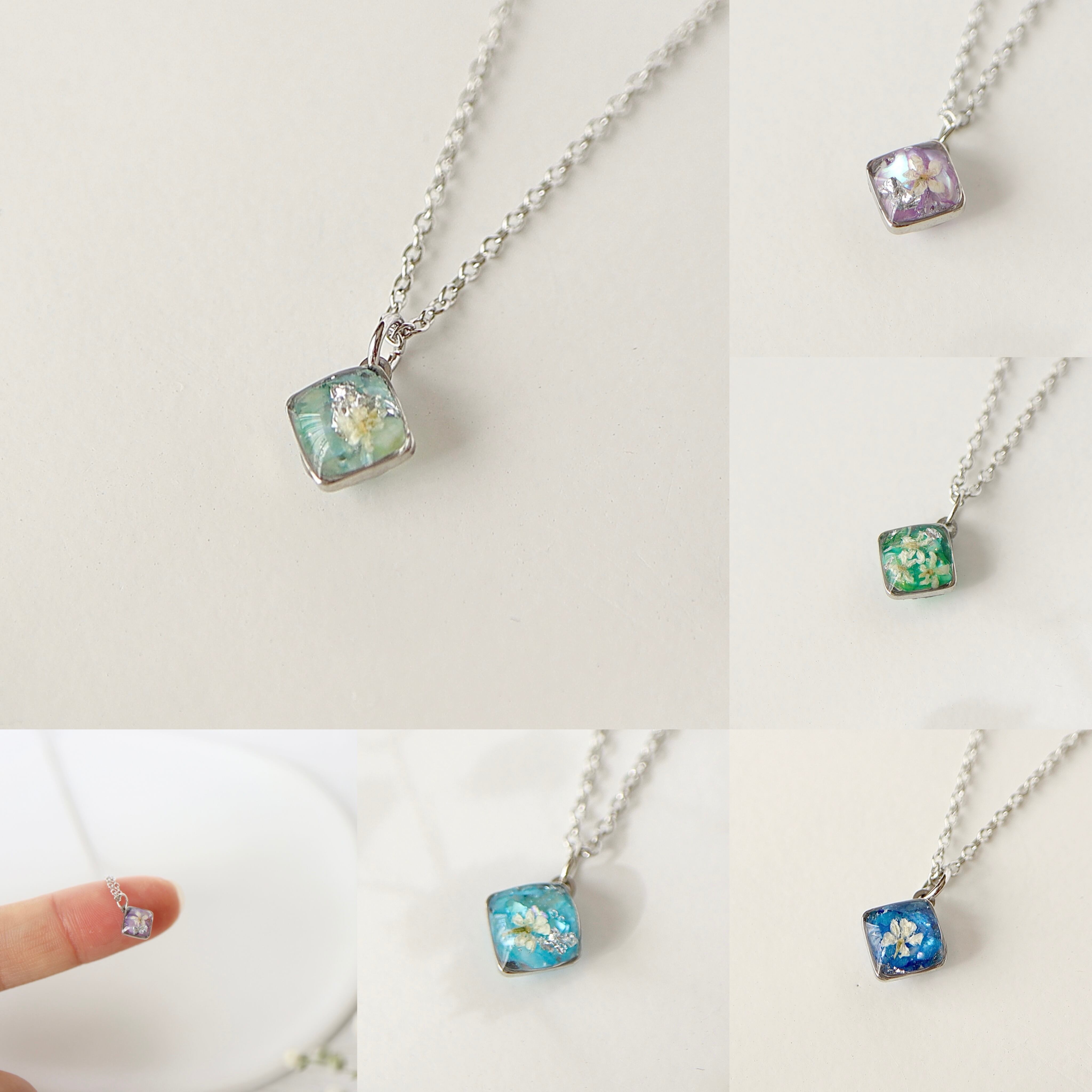 【ﾈｯｸﾚｽ】 選べるカラー/ちいさな四角とお花-ｼﾙﾊﾞｰ-