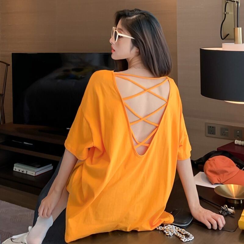 クロスホルターソリッド カラールーズ薄手Tシャツ トップス ソリッドカラー ハンチェンe30740387840