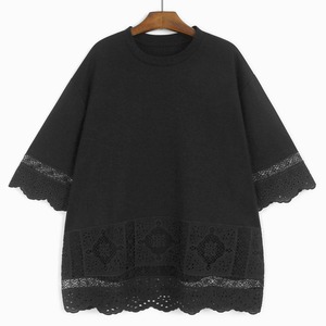 EMBROIDERY LACE TRIM SHORT SLEEVE MIDI T-SHIRT M-16885