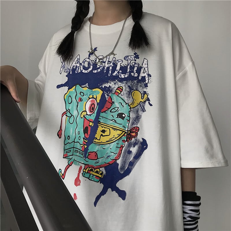 送料無料】KOREA ダークプリントルーズTシャツ トップス レディース