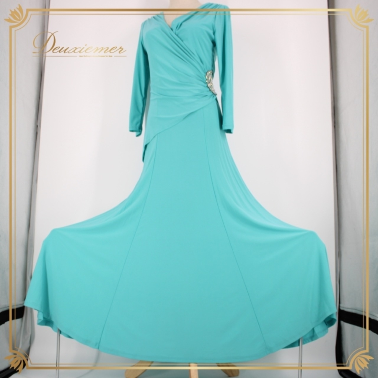 社交ダンス 衣装 スタンダード ドレス ワンピース レッスンウェア パーティ衣装 水色 ライトブルー系 ビジュー ラインストーン シンプル 無地