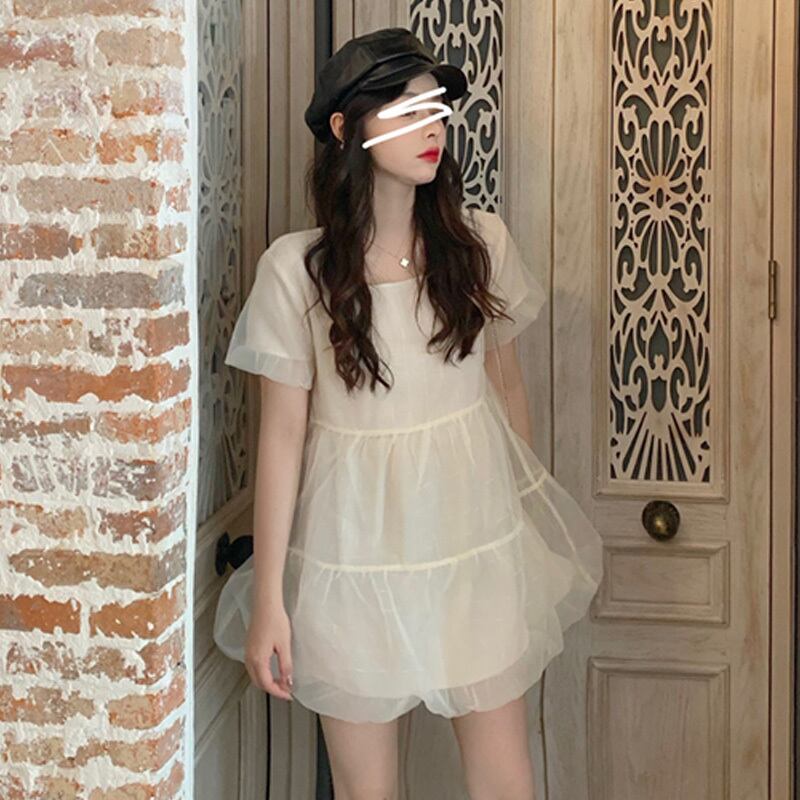 スカート スタイルスリーブハイウェストウェストメッシュドレス スプリング 春物 萌量不足55344873893