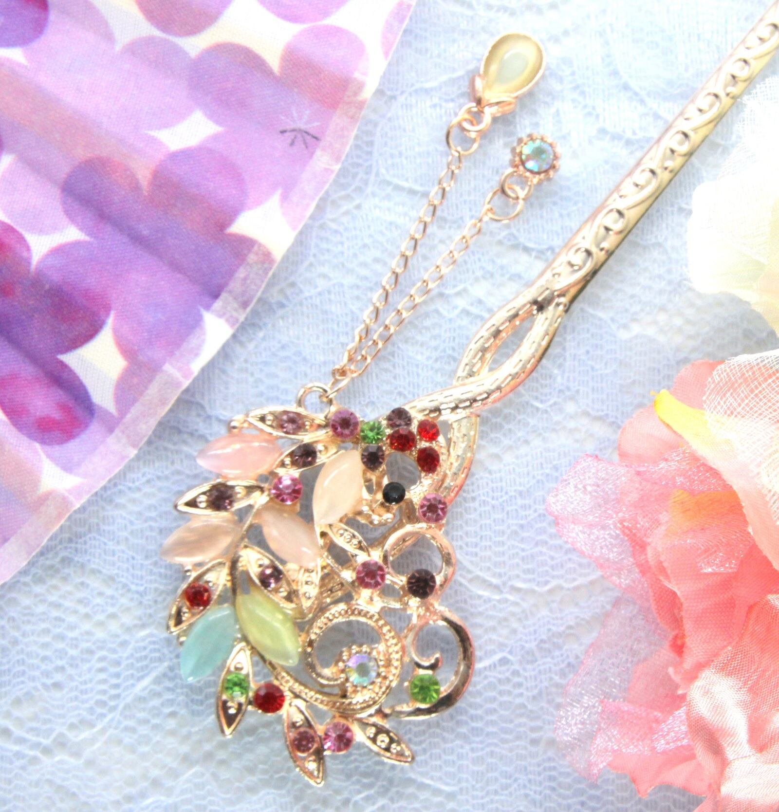 かんざし 一本 和装 着物 アンティーク 髪飾り くじゃく 羽 カラフル