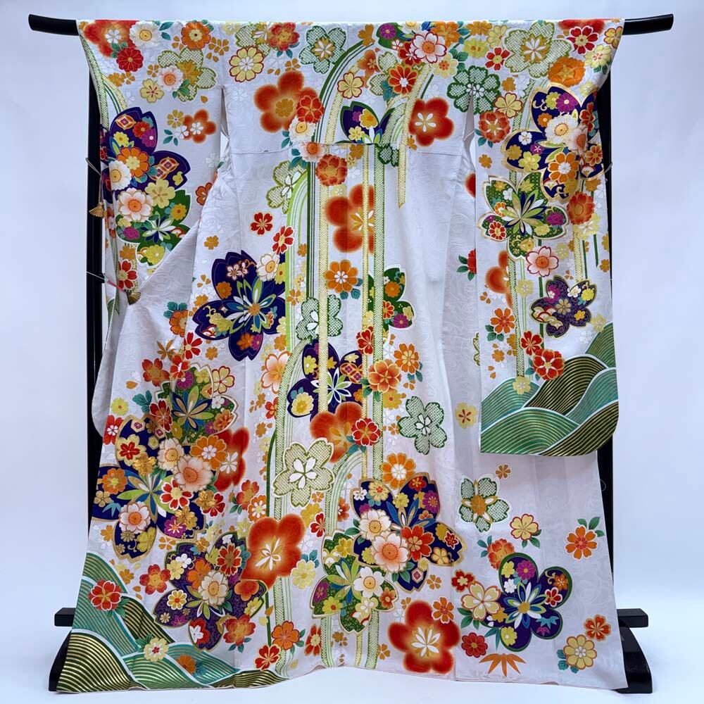 振袖 中古 グレー 灰色 正絹 古典 裄70.6cm 身丈172cm 美品 2L サイズ 成人式 6760