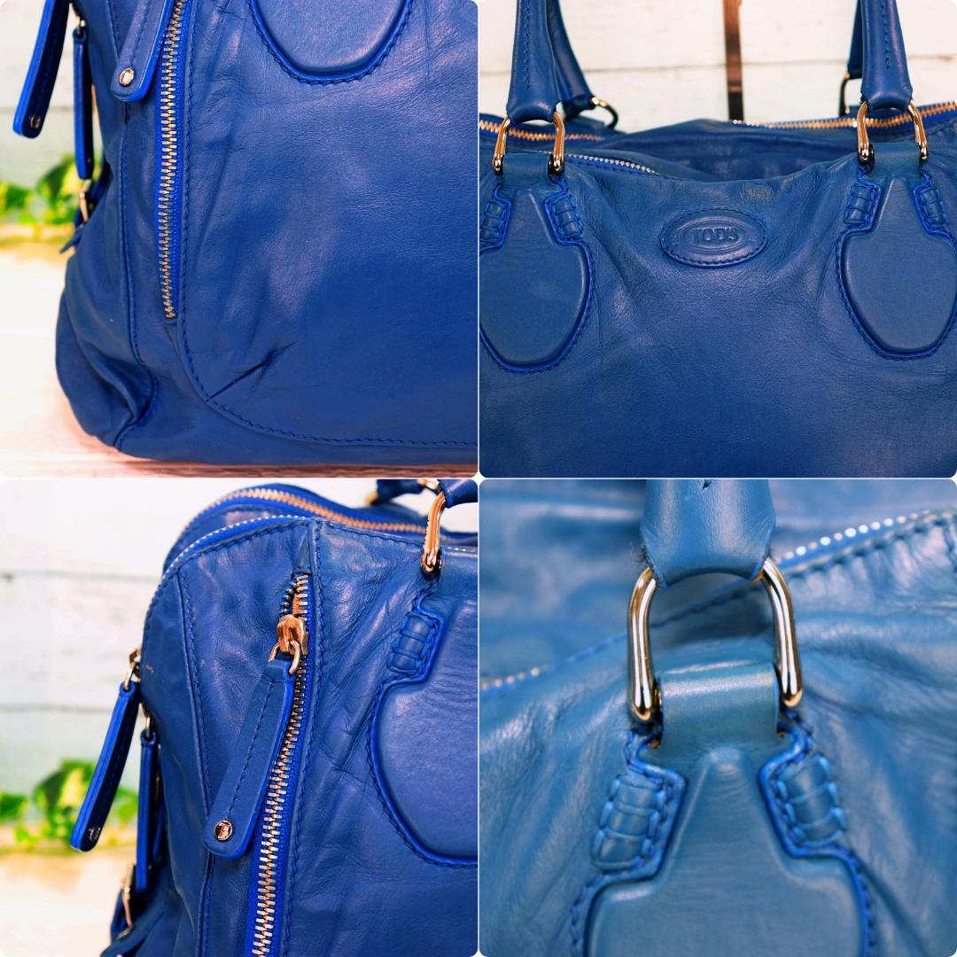 Tod's ハンドバッグ 青 レザー ボストン型 ジップ開閉 大容量 ほぼ未