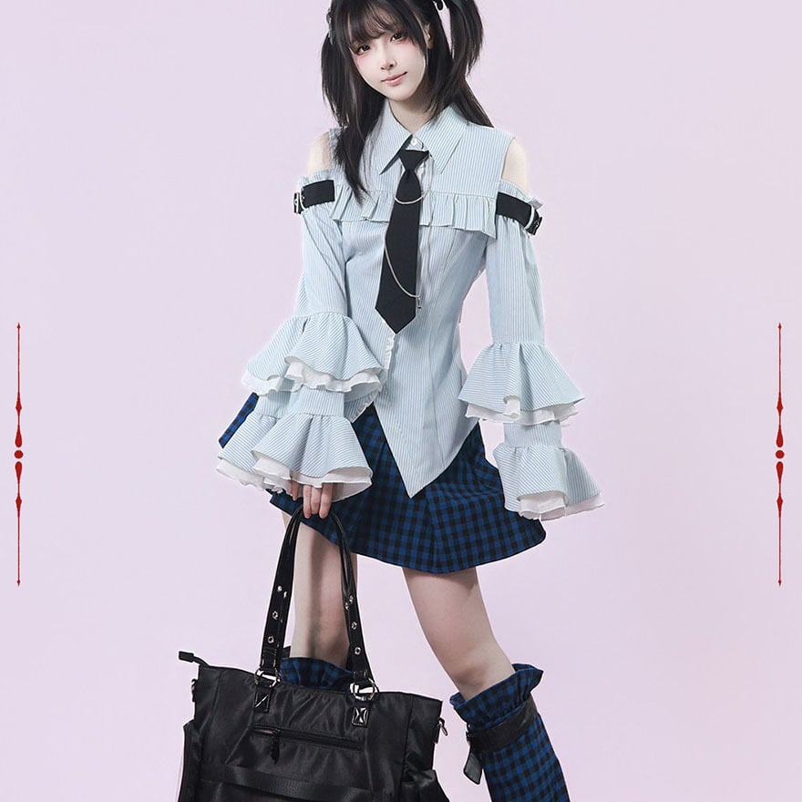 天使界隈 サブカル地雷系 参戦服 オフショルブラウス 【水色 ネクタイ付】