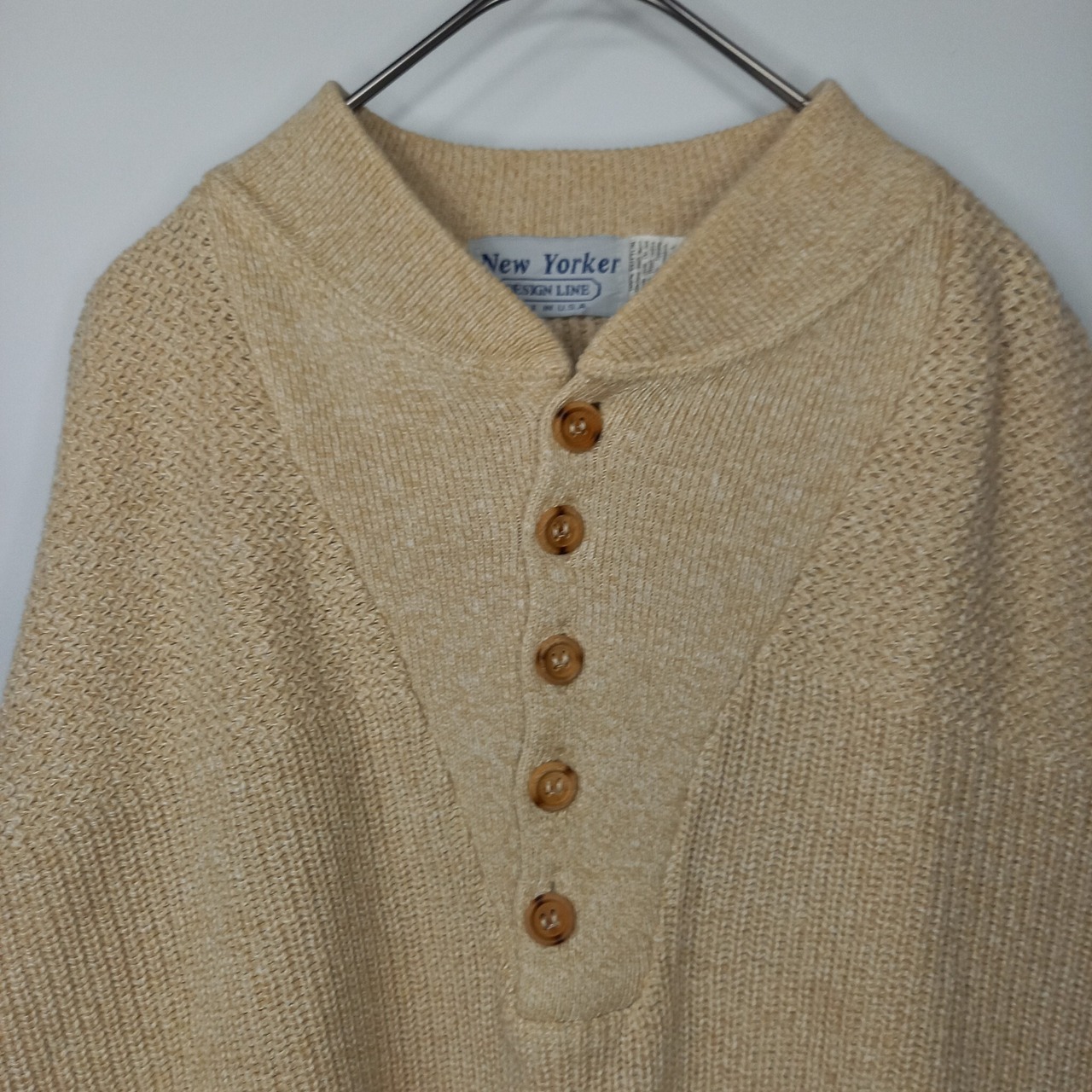 90s　アメリカ製　ヘンリーネック　コットンニット　セーター　長袖　中厚手　ミドルゲージ　無地　ベージュ　L